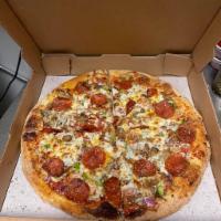 Classic Supremo Pizza · Red sauce under pepperoni, sausage, beef, onion, green bell pepper, and mushrooms covered in...