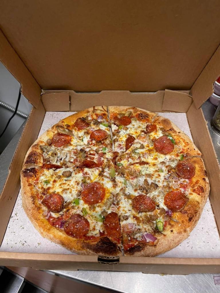 Classic Supremo Pizza · Red sauce under pepperoni, sausage, beef, onion, green bell pepper, and mushrooms covered in 3 cheese blend.