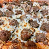 Raging Bull Pizza Pie · Fresh beef, beef meatballs and onion on top of smoked chipotle pepper red sauce. Covered in ...