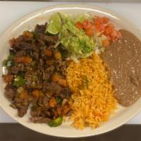 Bistec a la Mexicana  Plate ·  Served with salad, rice, beans and 3 tortillas.