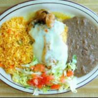 Chile Relleno Plate · Stuffed with ground beef, shredded chicken or cheese. Topped with ranchero sauce and cheese....
