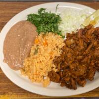Pastor Plate · Served with rice beans, cilantro, onions and 3 tortillas.