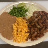 Tripa Plate · Served with cilantro, onions, rice, beans and 3 tortillas.