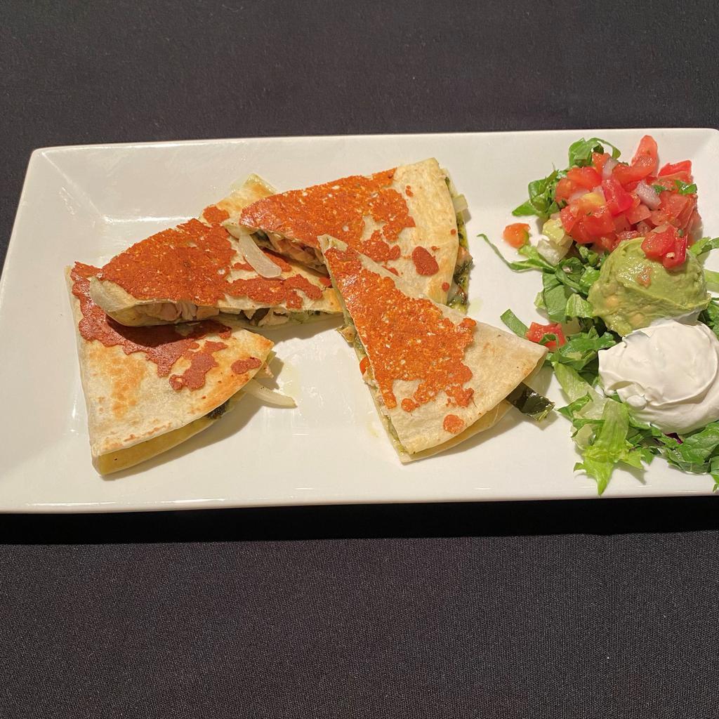 Two Cheese Quesadillas · Pepita pesto, caramelized onion rajas, jack cheese & choice of chicken, steak or spinach mushroom fillings. Served with guac, pico & sour cream.