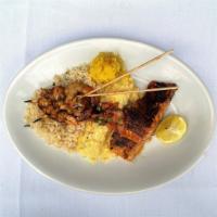 SEAFOOD MIXED GRILL NEW · Grilled rojo shrimp, red chile salmon topped with fresh fruit salsa, blue crab shrimp enchil...