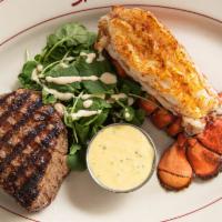 Twin Filets & Lobster Tail · Twin 4oz filet mignons and 4.5 oz South African Lobster Tail. Served with drawn butter & béa...