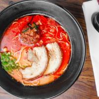 Raijin Shio · House spicy sauce with Chashu Belly, Green Onions, Thin Noodles and Sesame Seed. Salt broth.