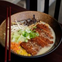 Chicken Katsu Ramen · Comes with panko fried chicken, mixed veggies and aji egg