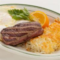 New York Steak and Eggs · Our New York steak served with grilled potatoes, 3 eggs your way and your choice of toast.