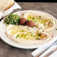 Vegetarian Platter · Hummus, baba ganouj, tabouli and falafel.