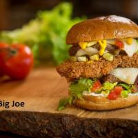 The Big Joe  · Two 1/4 lb. burgers sandwiching a nacho crusted chicken breast topped with cheese, pickles, ...