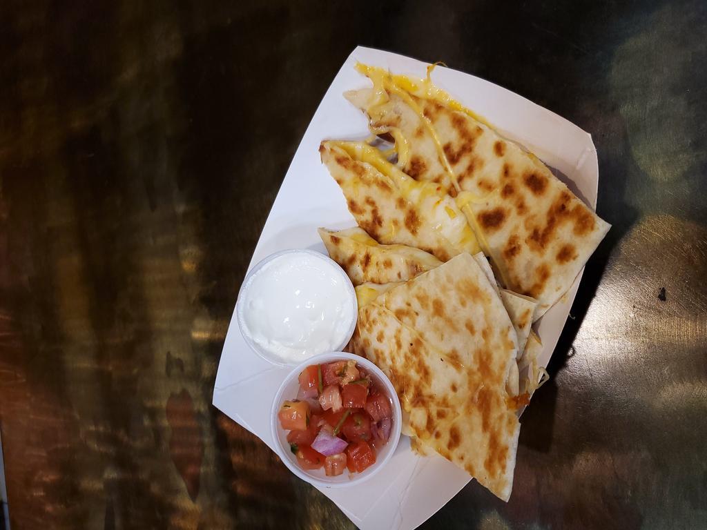 3-Cheese Quesadilla · Cheddar, pepper jack and quesadilla cheese melted together in a grilled flour tortilla with sour cream and pico de gallo.  Add chicken, beef, pork or steak for an additional charge.