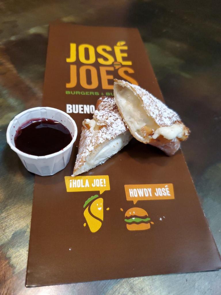 Cheesecake Burrito · A fried mini burrito filled with a cheesecake filling and dusted with powdered sugar.  Served with a raspberry dipping sauce.