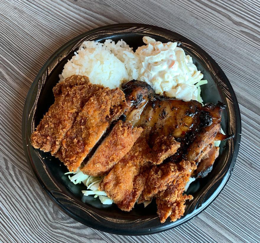 Mini - Founder's Favorite · A mini plate with 1 piece of teriyaki chicken (marinated, grilled, and drizzled with Teri Sauce) and 1 piece of katsu chicken (breaded, deep fried, and sliced) on a bed of cabbage served with 1 scoop of rice, 1 salad choice, and 1 sauce cup.  