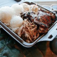 Classic Ekolu · The original Ekolu (three) meats of Teriyaki Steak, Teriyaki Chicken, and Kalua Pig on a bed...