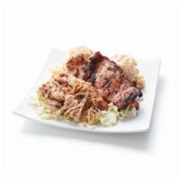 Mini - 2 choice · 2 choices of meat on a bed of cabbage served with 1 scoop of rice, 1 salad choice, and 1 sau...