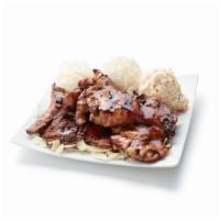Regular - 2 choice · 2 choices of meat on a bed of cabbage served with 2 scoops of rice, 1 salad choice, and 2 sa...