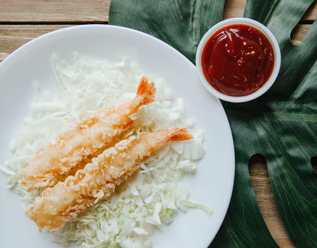 Shrimp 2 pc · 2 pieces of Shrimp Tempura with one sauce cup. Our shrimp is dipped in a thin light batter then deep fried to a flaky crust.