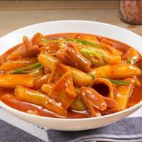Ddok-Bokki · Stir-fried rice cakes with Korean hot source and fishcake. Add noodles at extra charge. Spicy.