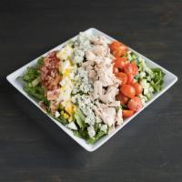 The Cobb Cobb Salad · Chicken breast, applewood bacon, blu cheese crumbles, cherry tomatoes, spring mix, boiled egg