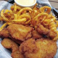 Chicken Tender Basket · Tossed in our fresh corn pops breading served with curly fries and spicy mustard.