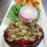 Black Bean Veggie Burger · Topped with 2 sauces, smoked tomato salsa, and jalapeno, garlic, basil, fried caper, and cil...