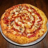 BBQ Chicken and Bacon Pizza · Chicken, mushrooms, onion, bacon and BBQ sauce.
