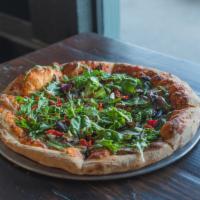 Veggie Supremo Pizza · Feta, sun-dried tomato, basil pesto, Kalamata olives, red onion, green bell pepper, mushroom...