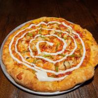 Buffalo Chicken Pizza · Spicy chicken, Buffalo sauce, onion, bell pepper and ranch dressing.