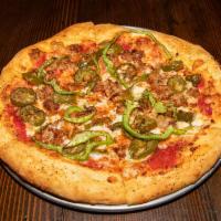 Hot Italiano Pizza · Sausage, green bell pepper, jalapenos, caramelized onions and black pepper.