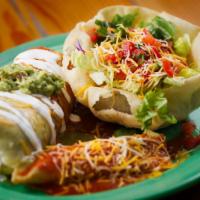 Mexican Combo C · Burrito, enchilada and tostada. Vegetarian.