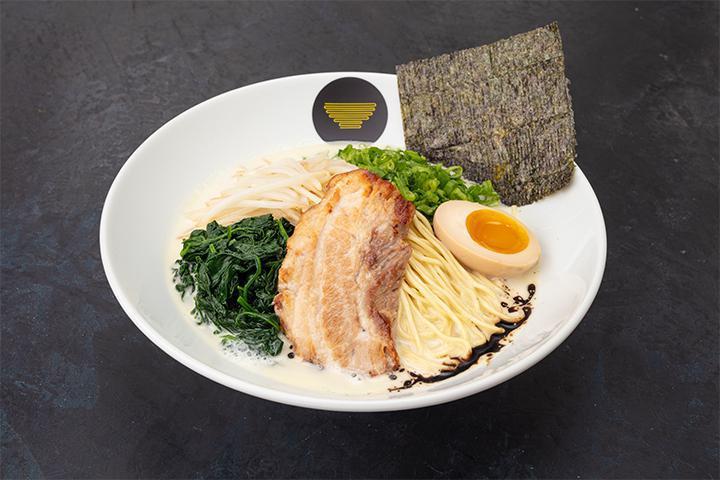 The Classic Ramen · Tonkotsu. Creamy pork broth, bean sprouts, spinach, green onion, seaweed, black garlic oil, and egg with choice of protein.