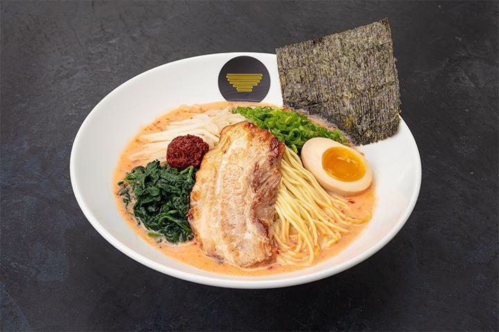 The Blaze Ramen · Spicy tonkotsu. Spicy creamy pork broth, bean sprouts, spinach, green onion, seaweed, and egg with your choice of protein.