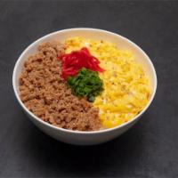 Soboro Bowl · Ground chicken with scrambled egg, red ginger, and green onion over rice.
