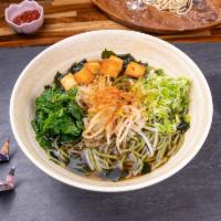 Midori Kale Ramen · Clear veggie broth with tare sauce, kale, seaweed, scallions, bean sprouts and tofu, served ...
