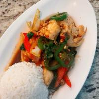 Spicy Basil Entree · Your choice of protein stir-fried with mushrooms, onions, bell pepper, jalapeño and basil le...