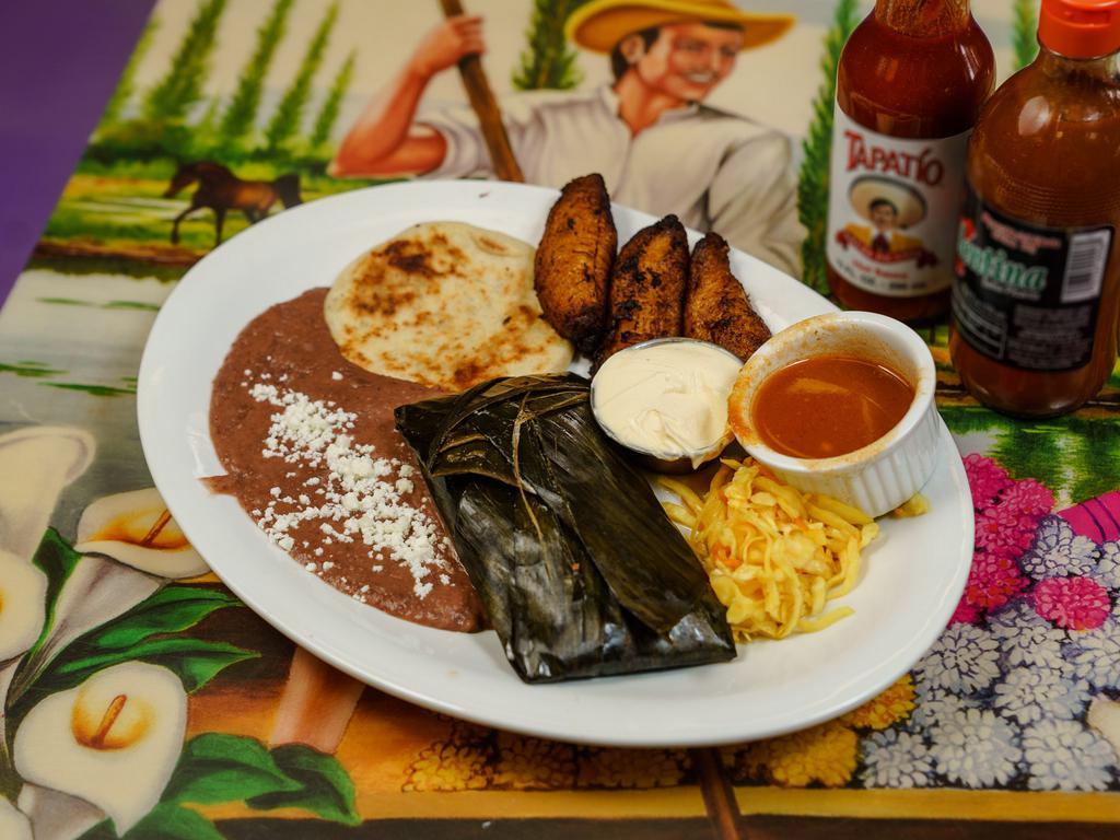 Anita’s Favorite Combo · 1 chicken tamale and 1 pupusa any filling. Served with cabbage salad, salsa, refried beans, fried sweet plantains and cream.