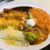Tres Amigos Platter · For real enchilada lovers. 1 beef, 1 chicken and 1 cheese enchilada. Topped with 3 different...