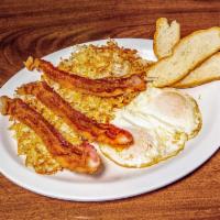 Eggs Any Style · 2 eggs, bacon or sausage and potatoes.
