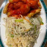 No.2. Sweet and Sour Chicken Combo · Pork fried rice, pork chow mein and sweet and sour chicken.