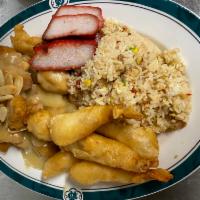 No.7. Pork Fried Rice Combo · Pork fried rice, BBQ pork, fried shrimp and almond fried chicken. 