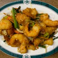Salt and Pepper Shrimp 椒盐虾 · Crispy shrimp stir fried with salt, pepper and onion. Hot and spicy.