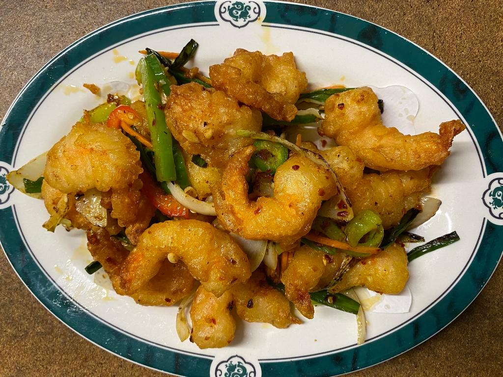 Salt and Pepper Shrimp 椒盐虾 · Crispy shrimp stir fried with salt, pepper and onion. Hot and spicy.
