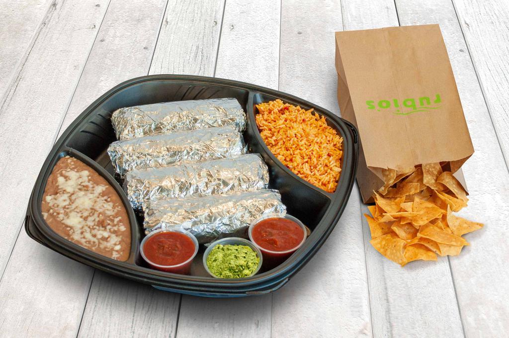 Family Burrito Box · Choice of four Chicken or Steak Burrito Especial, Classic Shrimp Burrito and Bean and Cheese Burrito, choice of pinto beans or black beans, citrus rice or Mexican rice, mild salsa, guacamole and tortilla chips.