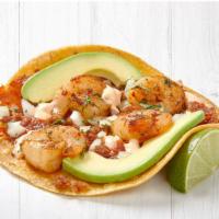Grilled Gourmet Shrimp Taco · A toasted blend of cheeses, all natural bacon, avocado, cilantro and onion layered with two ...