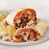 Classic Grilled Shrimp Burrito · Pinto beans, cheese, Mexican rice, salsa fresca and creamy chipotle sauce. Served on a flour...
