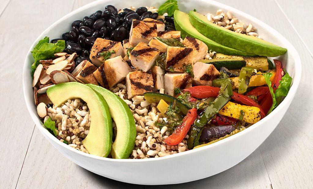Cilantro Lime Quinoa Bowl · Your choice of seafood, grilled all-natural chicken or steak, or grilled veggies atop our new brown rice & quinoa and romaine lettuce, topped with cauliflower, poblanos, red bell peppers, fire-roasted corn, and red onion, fresh sliced Hass avocados, black beans, cilantro lime mojo sauce, and toasted almonds.