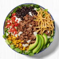 Avocado Corn Taco Salad · Crisp romaine, black beans, roasted corn, salsa fresca, tortilla strips, sliced Hass avocado...