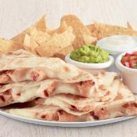 Quesadilla · Cheese, roasted salsa, sour cream, salsa fresca and chips. Also available with all natural c...