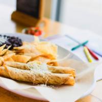 Kid's Chicken Taquitos · All natural chicken rolled in crispy corn tortillas and topped with shredded cheese. Served ...